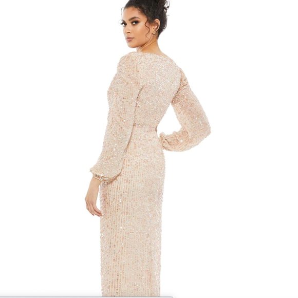 Mac Duggal SEQUINED ILLUSION PUFF SLEEVE V NECK MIDI DRESS GOWN - Picture 2 of 3